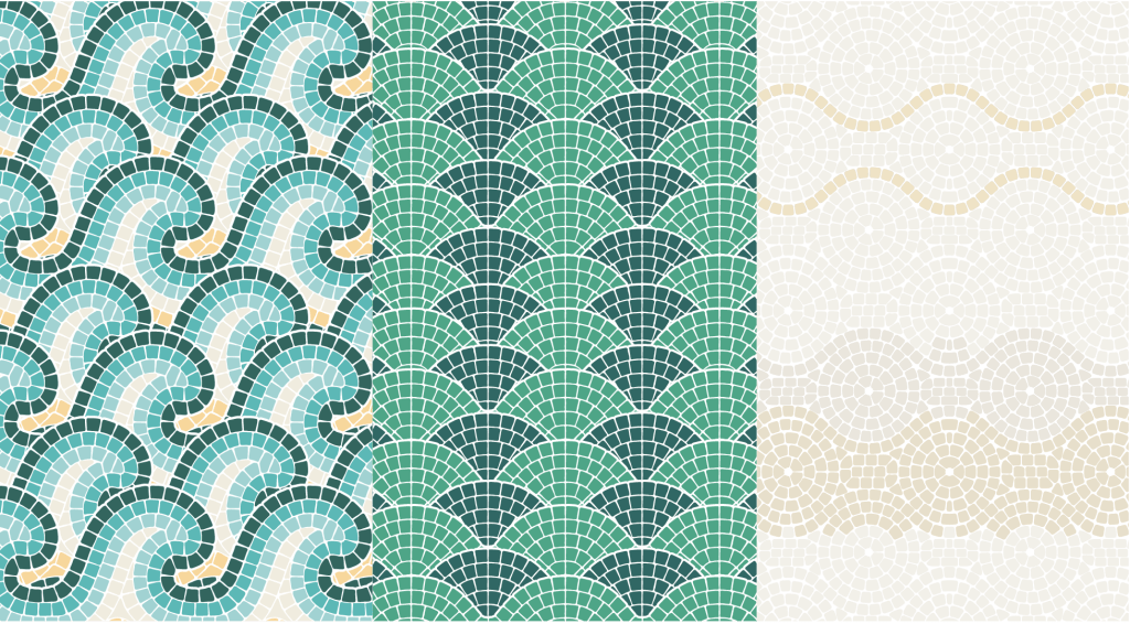 MOSAIC brand patterns in teal, cream and orange