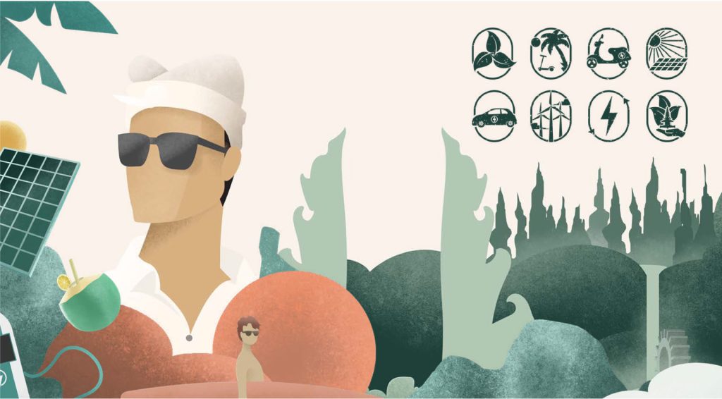 KemBali Becik illustration with sustainability icons over a Bali skyline