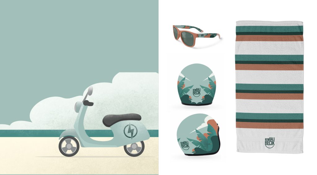 KemBali Becik collateral: scooter livery, mug and tote bag