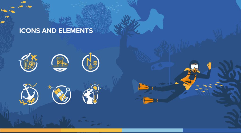 TeKSI brand guidelines: icons and elements over a diver photo