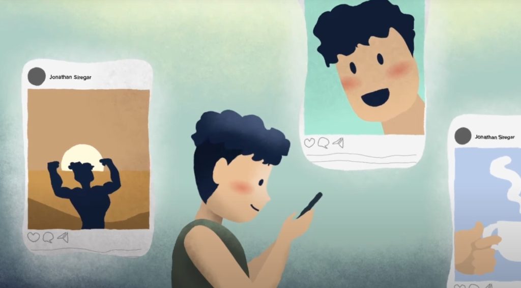 Still from the LBHM animation: a young man surrounded by hostile social media posts