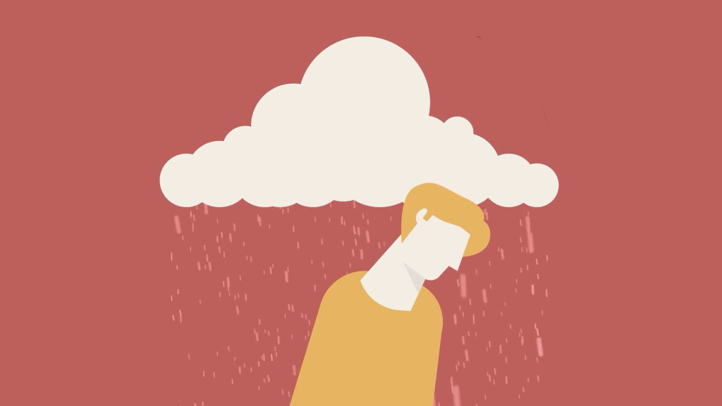 Still from the LBHM animation: a person under a rain cloud