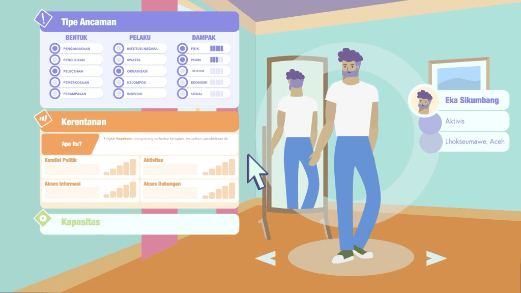 Still from the LBHM animation: characters in front of a reporting flow chart