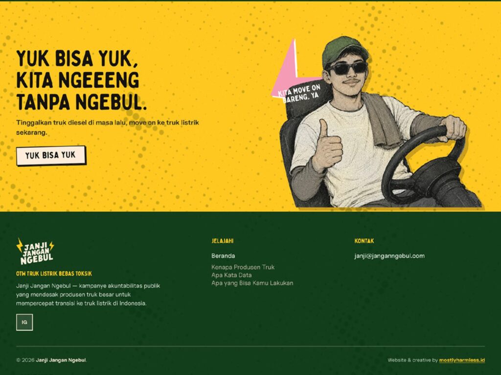 Janji Jangan Ngebul website mockup from the brand book, headline Yuk bisa yuk